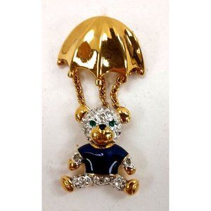 Pin, Teddy Bear in a Parachute Gold-Tone Metal Crystals & Enamel 1 3/4" x 1"